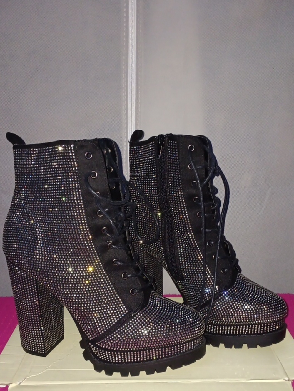 Rhinestone Platform Ankle Boots - Black